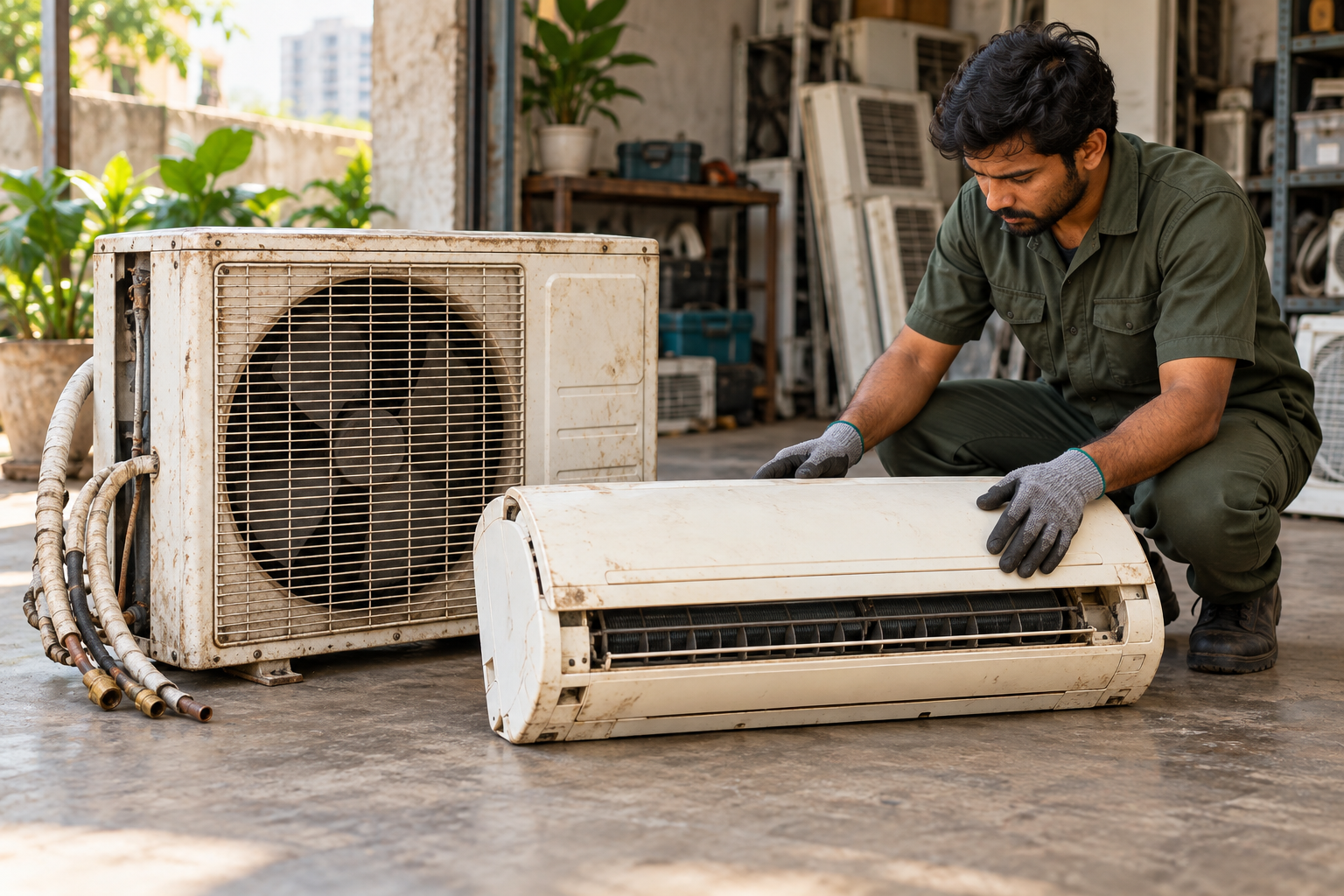Broken non-working split AC with a fault warning symbol